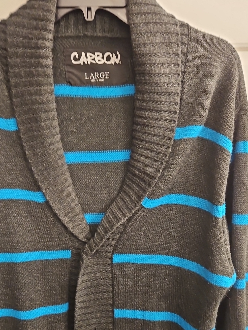 Carbon Large Men's Charcoal Gray Shawl Cardigan with Blue Stripes